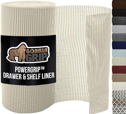 GORILLA GRIP powerGRIP Drawer Shelf and Cabinet Liner, Thick Strong Hold, Non-Adhesive Liners Protect Kitchen Cabinets and Cupboard, Bathroom Drawers, Easy Install, Breathable Mat, 17.5" x30', Cream