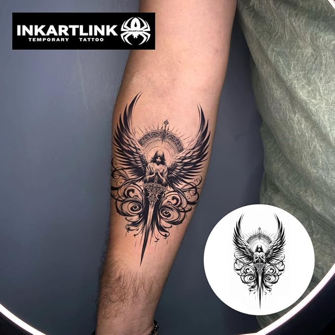 INKARTLINK Semi Permanent Tattoo, party tattoo, beautiful and realistic design, fun tattoo experience, cruelty-free, non-reflective, waterproof (Sword holding angel)