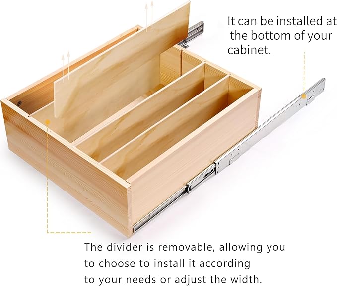 Pull Out Cabinet Organizer with Divider, 19''W×21''D×7''H Soft Close Wood Drawer for Kitchen Pantry, Finished, Heavy-Duty, Bottom Assembly (Wood Drawer Part Width is 18'')