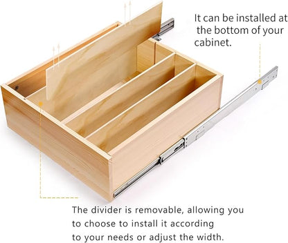 Pull Out Cabinet Organizer with Divider, 19''W×21''D×7''H Soft Close Wood Drawer for Kitchen Pantry, Finished, Heavy-Duty, Bottom Assembly (Wood Drawer Part Width is 18'')