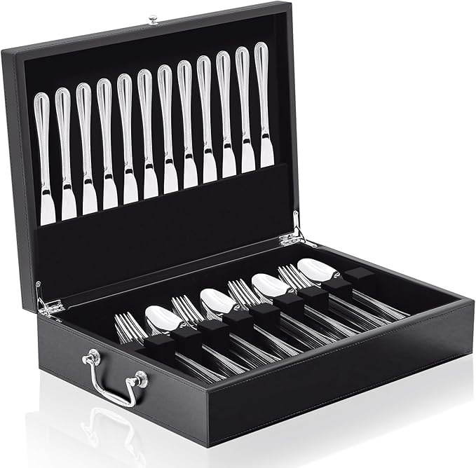 Leather Silverware Storage Box Flatware Storage Case with Felt Lined Leather Flatware Chest Silverware Organizer with Lid for Tableware Utensils Silver(1 Layer)