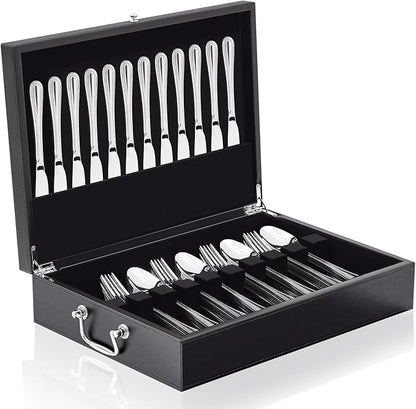 Leather Silverware Storage Box Flatware Storage Case with Felt Lined Leather Flatware Chest Silverware Organizer with Lid for Tableware Utensils Silver(1 Layer)