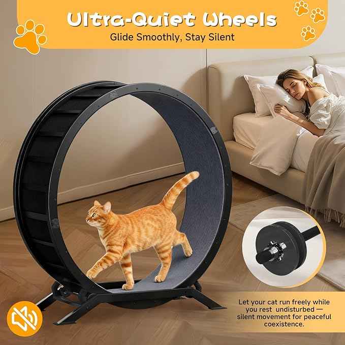 GTRACING Cat Wheels, 40" Diameter, Large Cat Exercise Wheel for Indoor Cats cat Treadmill Metal with Detachable Carpet & Teaser/Stickers, Ultra-Quiet Scroll Wheel with Latch, Safe and Stable, Black