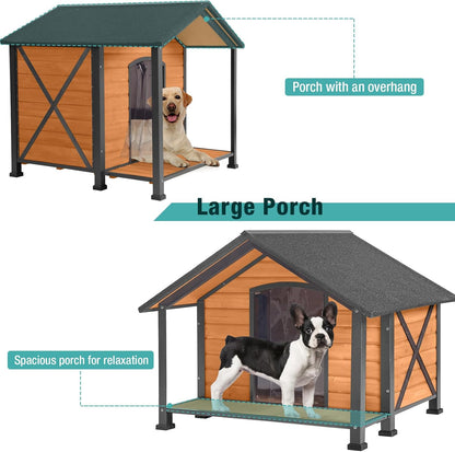 Outdoor Dog House,Weatherproof Wooden Dog Shelter for Small to Medium Sized Dogs,Iron Frame Indoor Outdoor Doghouse,Puppy Kennel,Pets Warm House in Winter with Large Porch