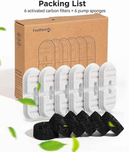 6 Pack New Version Replacement Filters + 6 Pump Sponges for Feelneedy Stainless Steel Cat Water Fountain [FN-W22] - 99oz/2.8L Pet Water Fountain Filters