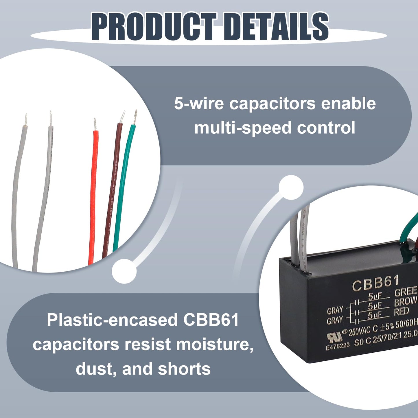 Wadoy Cbb61 5 Wire Ceiling Fan Capacitor Compatible With New Tech 5+5+5Uf 50/60Hz 250Vac