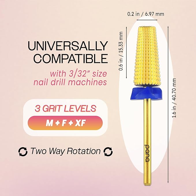PANA 3/32" Shank 5-in-1 Nail Carbide Bit - (Triple Coarse - Medium Grit, Gold) - Two Way Rotate use for Both Left and Right Handed Fast Remove Acrylic or Hard Gel