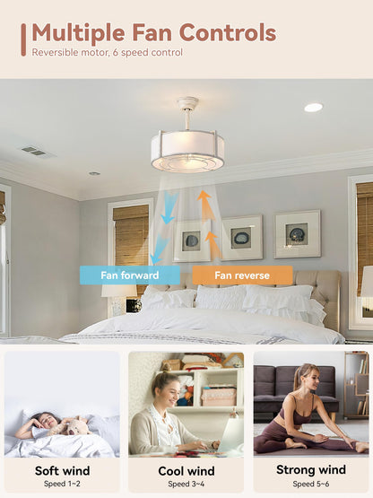 Ymkskj 20 White Fandelier Ceiling Fans With Lights, Boho Rattan Ceiling Fan With Light Remote Control, Caged Mid-Century Modern