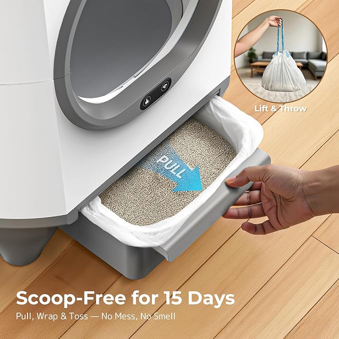 OROLEY Self Cleaning Litter Box, Large Capacity Automatic Cat Litter Box with APP Control, Safety Sensors, Built-in Deodorizing Scent Box, and 1 Roll Garbage Bags ，White