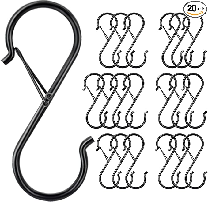 20 Pack S Hooks for Hanging, 3.5 Inch S Hooks Heavy Duty for Hanging Clothes Plants Black S Shaped Hooks with Safety Buckle Kitchen Pot Rack Closet Hooks for Kitchen Utensil, Pots, Pans