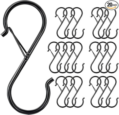 20 Pack S Hooks for Hanging, 3.5 Inch S Hooks Heavy Duty for Hanging Clothes Plants Black S Shaped Hooks with Safety Buckle Kitchen Pot Rack Closet Hooks for Kitchen Utensil, Pots, Pans