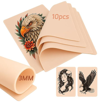 10Pcs Fake Skin for Tattoo - Worldget Tattoo Practice Skin 7.4"x5.6", Double Sided 3MM Silicone Tattoo Skins for Beginners and Professional Tattoo Artists