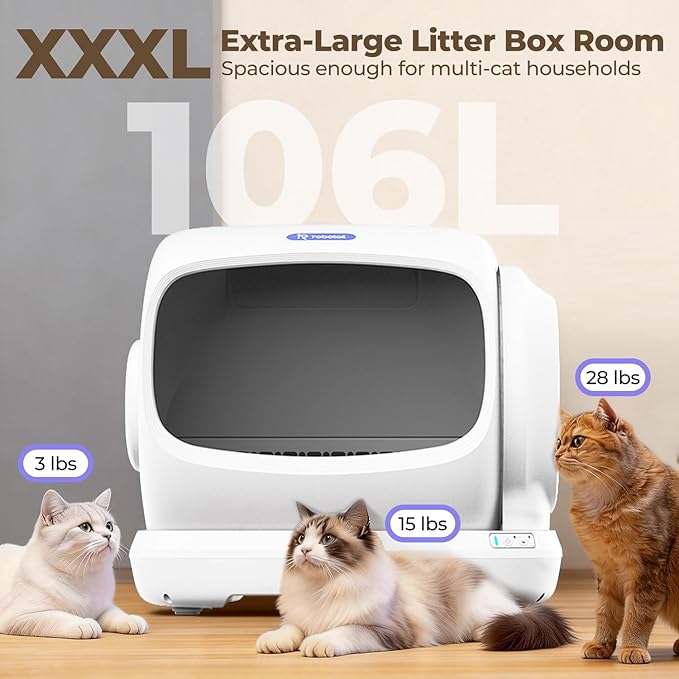 XXXL Self-Cleaning Cat Litter Box, 106L Extra-Large Automatic Cat Litter Box for Multiple Cats, Safety Sensor/Anti-Pinch Patent/Smart APP Control/Low Entrance/Double-Layer Defense/Easy Clean