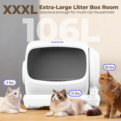 XXXL Self-Cleaning Cat Litter Box, 106L Extra-Large Automatic Cat Litter Box for Multiple Cats, Safety Sensor/Anti-Pinch Patent/Smart APP Control/Low Entrance/Double-Layer Defense/Easy Clean