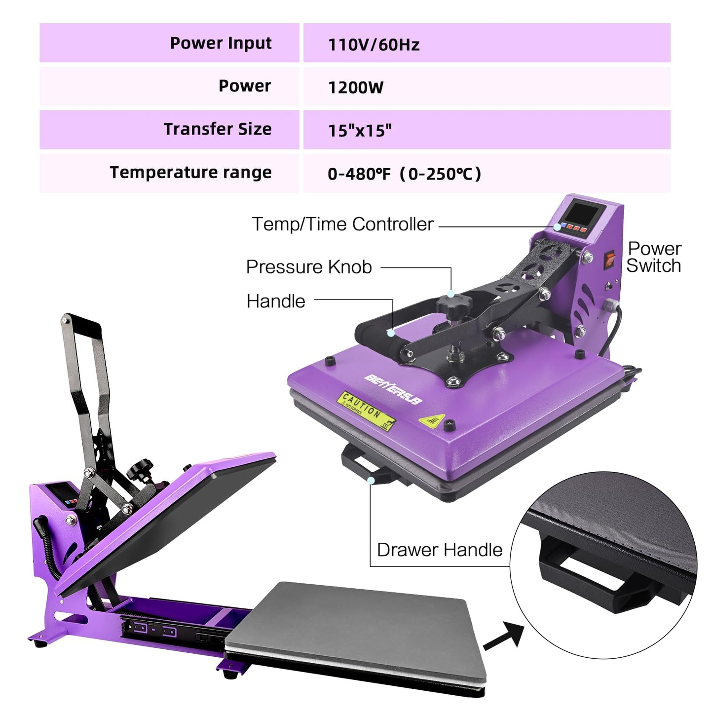 BetterSub Heat Press Machine 15x15 Inch, Digital Slide Out Drawer Heat Press for T-Shirts, 1000W Heat Press Machine for DTF, Sublimation, HTV Transfers, with LCD Control Panel & Pressure Adjustment