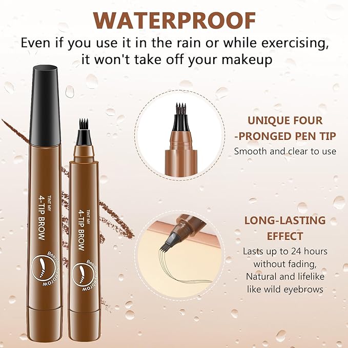 2Pcs Magic Microblading Eyebrow Pencil, 4-Tip Brow Pencil with Micro-Fork Tip, 3D Waterproof Microblading Eyebrow Pen, Eyebrow Tattoo Pen for Natural Makeup (Dark Brown)