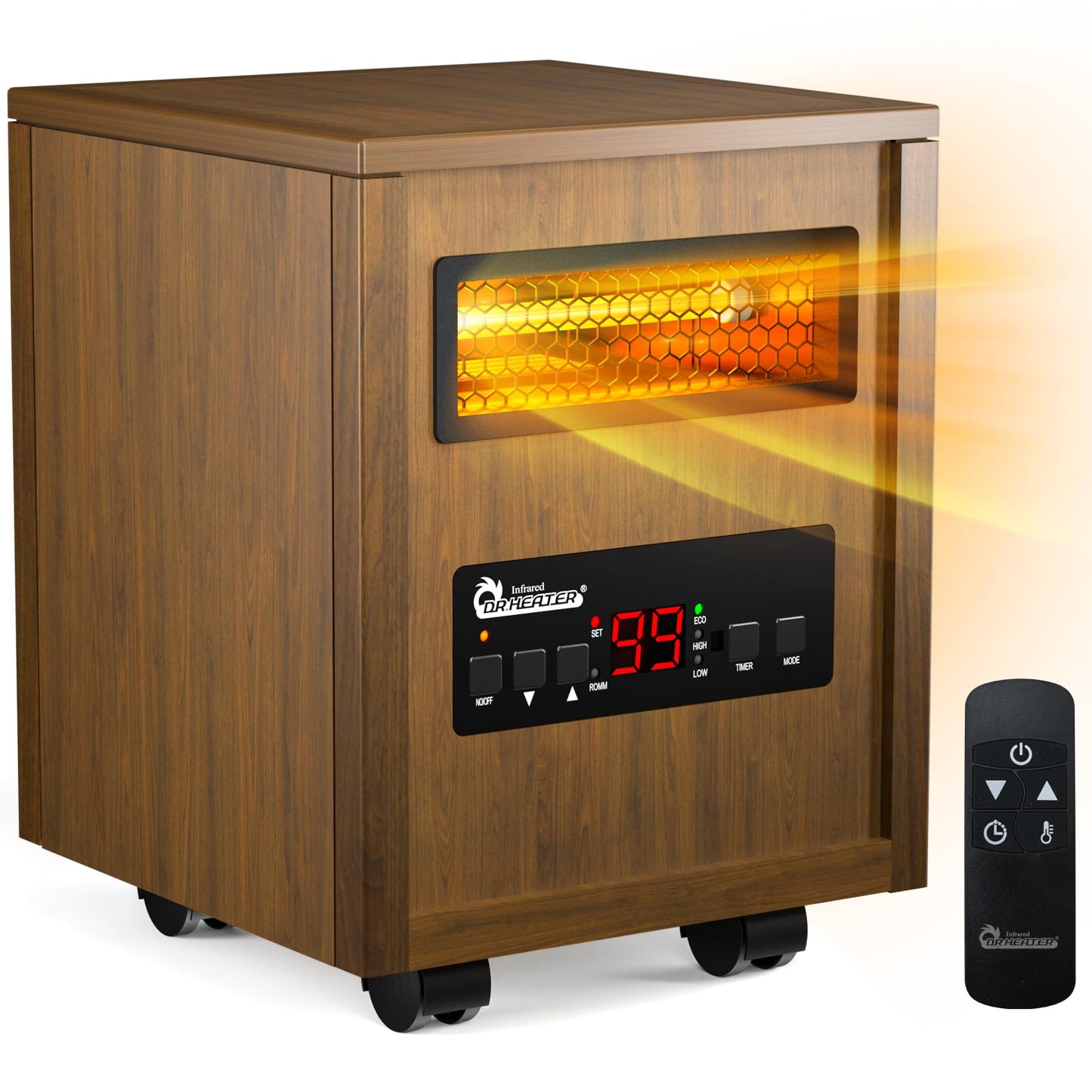 DR. INFRARED HEATER DR-123 Indoor Portable Space Heater with Remote Control, 1500W Dual Heating, 4 Wheels for Mobility, Programm