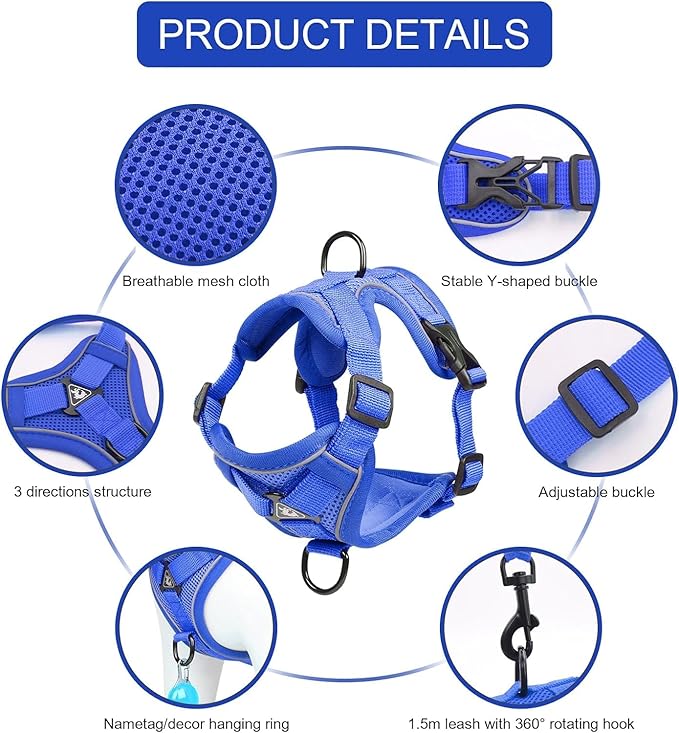 Cat Harness and Leash Set, Upgraded Escape Proof Adjustable Kitten Vest with Lead for Small Cat Outdoor Walking, Soft Breathable Mesh Jacket with Reflective Strips for Dark Night S Klein Blue