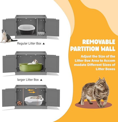 Zeny Cat Litter Box Enclosure Cabinet, Hidden Litter Box Furniture, Modern Wooden Washroom Storage Bench with Divider, Fits Most, Gray