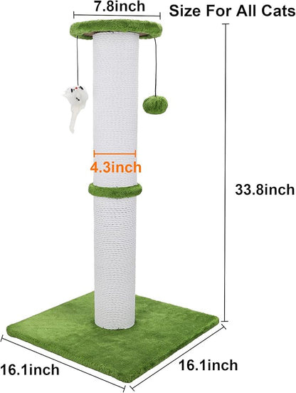 Cat Scratching Post 34 Inches Heavy Duty and Thicker Cat Scratching Post Sisal Rope with Hanging Ball and Mice Scratching Post for Indoor Cats and Adult(Bright Green)