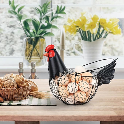 Chicken Egg Basket, Egg Collecting Baskets,Metal Wire Egg Basket with Handle, Farmhouse Chicken Decor, Rustic Black Rooster Chicken Shaped Fruit Bowl Countertop Holder for Home Kitchen Decoration