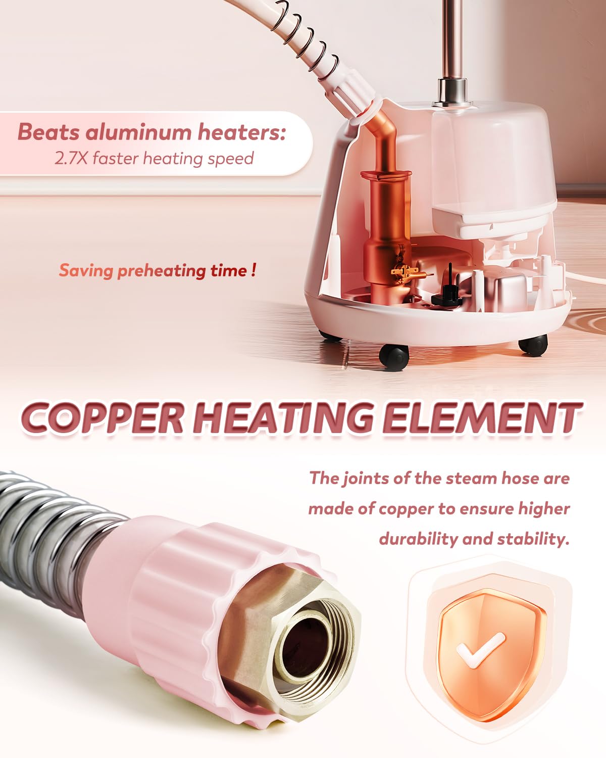 Hapyvergo Standing Garment Steamer with Ironing Pad, 2200W Steamer for Clothes, 3L Tank, 70-Min Continuous Steam, 40s Fast Heating, Adjustable Height, Drain Port Design, Universal Wheels, Pink