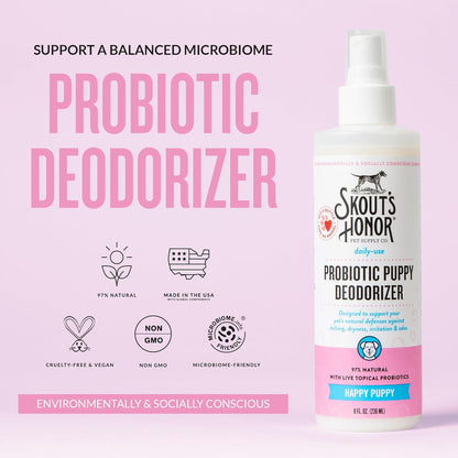 SKOUT'S HONOR Pet Deodorizer Spray- Hydrating Daily-Use with Avocado Oil & Omega-3s, Microbiome Friendly Certiified, Paraben & Sulfate-Free, 97% Natural, 8oz, Happy Puppy, 2-Pack