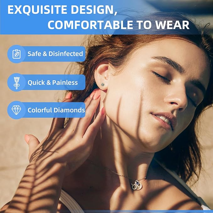 Get the Perfect Ear Piercing with 24 Pcs Premium Ear Piercing Kit - Includes 8 Black CZ Stones Earrings and 8 Easy-to-Use Self Ear Piercing Gun - Safe and Painless