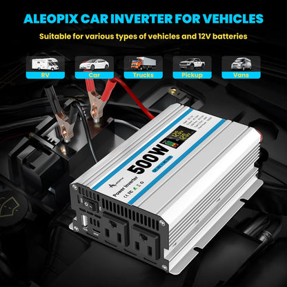 500W Car Power Inverter 12V Dc To 110V Ac, Car Charger Plug In Adapter Outlet With 2 Ac Outlets&Pd 36W Usb-C&Qc 18W Port, Portab