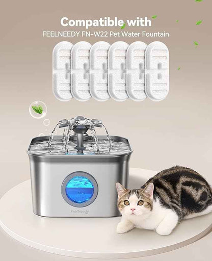 6 Pack New Version Replacement Filters + 6 Pump Sponges for Feelneedy Stainless Steel Cat Water Fountain [FN-W22] - 99oz/2.8L Pet Water Fountain Filters