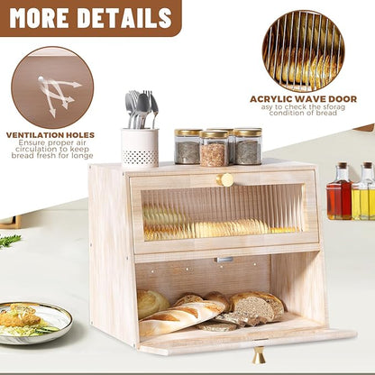 Vintage Double Layer Bread Box for Kitchen Countertop，Large White Bread Boxes Wooden Breadbox Bread Storage Container Bin Bread Holder(Vintage White)