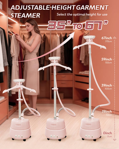 Hapyvergo Standing Garment Steamer with Ironing Pad, 2200W Steamer for Clothes, 3L Tank, 70-Min Continuous Steam, 40s Fast Heating, Adjustable Height, Drain Port Design, Universal Wheels, Pink