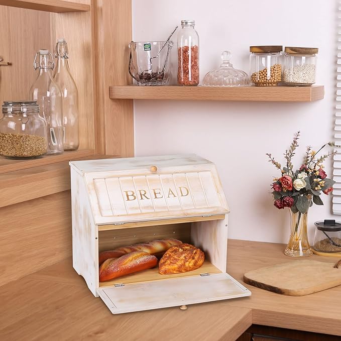 HOMEKOKO Vintage Double Layer Large Bread Box for Kitchen Counter, Retro Design Wooden Large Capacity Bread Storage Bin (White)