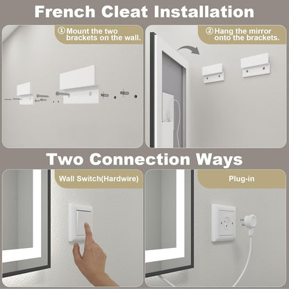 OKPAL 60x28 LED Bathroom Mirror, Black Framed Lighted Bathroom Mirror, Lighted Vanity Mirror with Lights, Dimmable, Anti-Fog, 3 Colors, Memory, Shatterproof, ETL Listed (Front and Backlit)