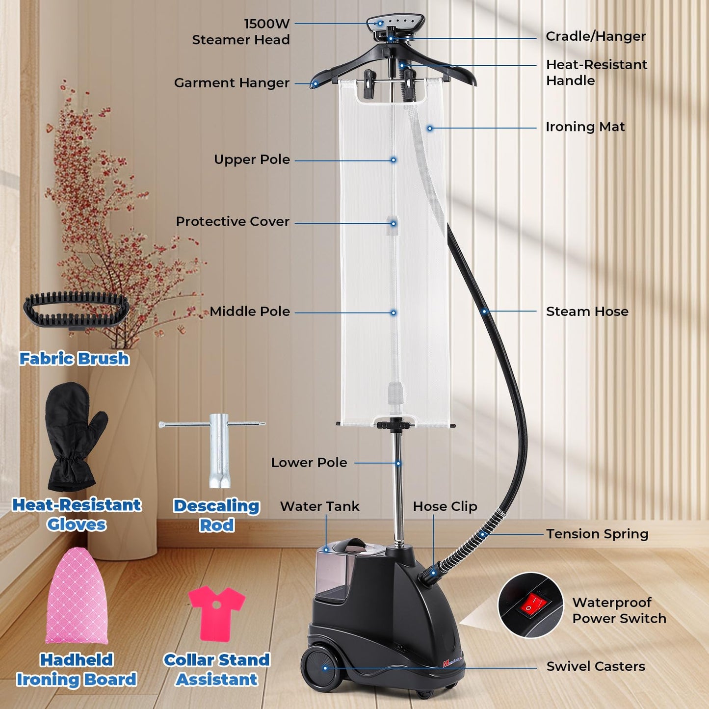 Moongiantgo 1500W Garment Steamer for Clothes - 60s Heat Up, 2.9L(98 oz) Large Tank, 2 Adjustable Steam Levels (40g/Min), 110V Heavy-Duty Standing Garment Steamer for Home/Commercial Use
