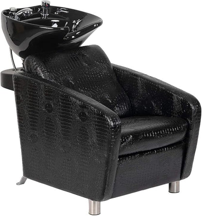 Buy-Rite Shelby Backwash Unit with deep tilting bowl, dual nozzle, wide seat, lumbar support, vacuum breaker & crocodile vinyl. Model YLG-556-CROC.