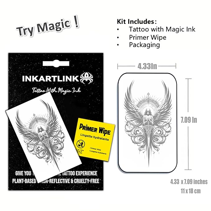 INKARTLINK Semi Permanent Tattoo, party tattoo, beautiful and realistic design, fun tattoo experience, cruelty-free, non-reflective, waterproof (Sword holding angel)