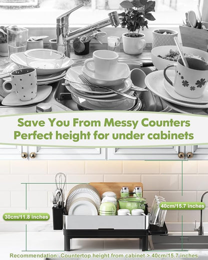 BOOSINY Stainless Steel Dish Drying Rack, Dish Racks for Kitchen Counter, Rust Proof Dish Drainer and Drainboard Set, Small Dryer with Drainage, Utensil Holder and Cup Holder