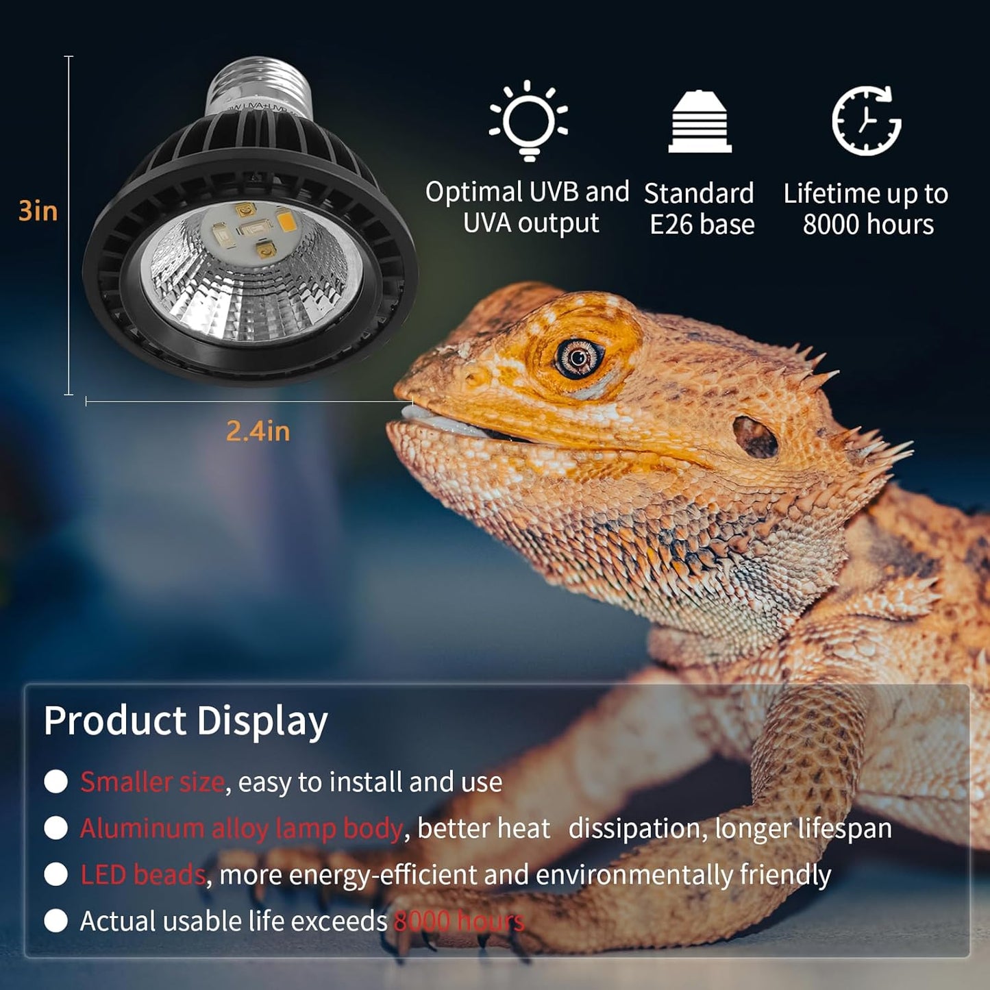 UVB Light Bulb for Reptiles, LED 3W 5.0 UVA UVB Heat Lamp Bulbs Ideal for Rainforest Reptiles, Bearded Dragons Lizard Turtle Tortoise Iguanas Chameleons Snake (1 Pack)