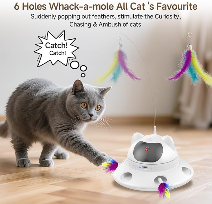 Cat Laser Toy, Automatic 3in1 Interactive Laser Pointer Toy for Indoor Cats, 5 Adjustable Red Lazer Light Pattern, Smart Sensor Auto Cat Feather Wand Kitten Toy, Keep Busy Chase Play, USB Rechargeable
