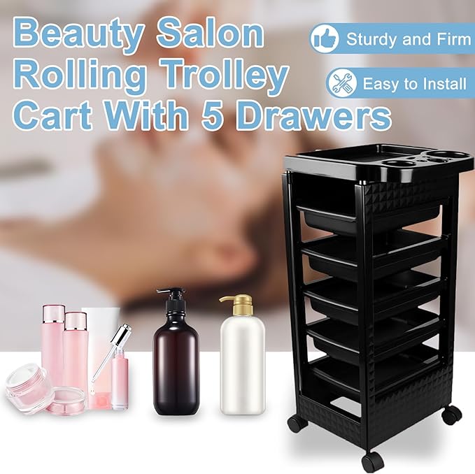 Salon Trolley Cart with Wheels & 5 Drawers, Salon Rolling Stations for Hair Stylist,Hairstylist for Beauty Tattoo Hairdressing Beauty Equipment, Black (T22-5DRAWER)