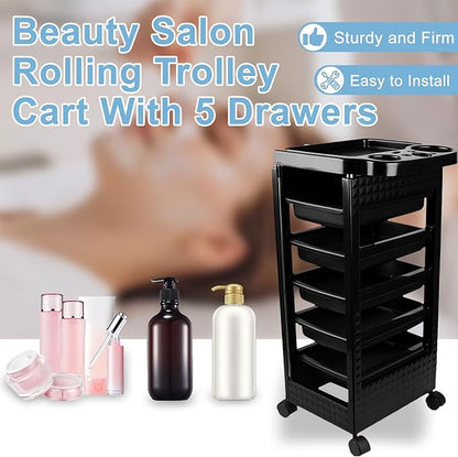 Salon Trolley Cart with Wheels & 5 Drawers, Salon Rolling Stations for Hair Stylist,Hairstylist for Beauty Tattoo Hairdressing Beauty Equipment, Black (T22-5DRAWER)