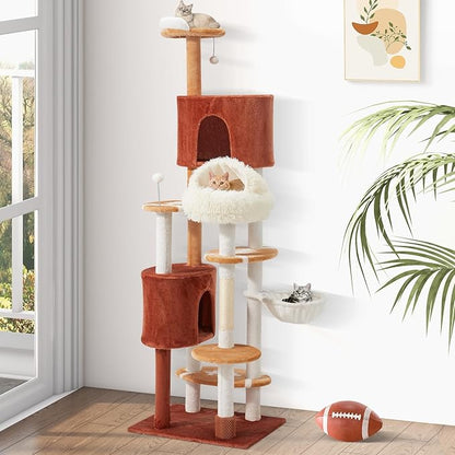 Erinnyees Cat Tree with Football Design, 74 Inches Cat Tower, Cozy Cat Cave Bed for Indoor Cats, 2 Cat Spacious Condos with Sisal Scratching Post, 5 Perches, Hammock and 2 Pompoms