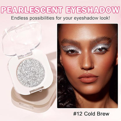 Glitter Eyeshadow Metallic Silver Single Eyeshadow,Ultra Fine Shimmer Eyeshadow Lightweight Sparkling Blendable Formula,Daily Multiuse Glossy Eyes Makeup (12 Cold Brew)