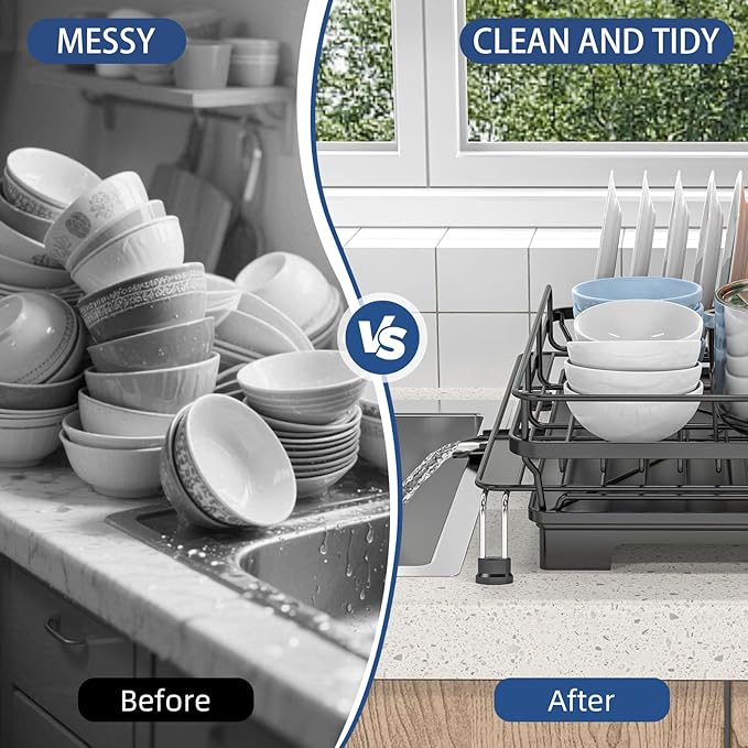Extendable Dish Racks 16.3"-21.6" L x 16.7" W,Stainless Steel Dish Drying Rack for Kitchien Counter, Anti-Rust Dish Strainer with Cutlery Holde