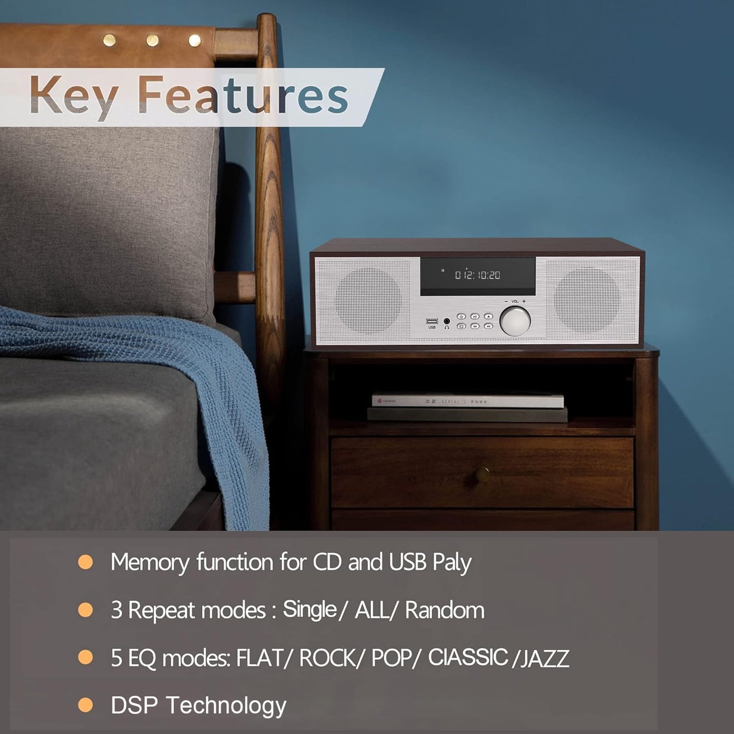 LONPOO Stereo Shelf System LP-816, Vintage CD Player, 40W RMS, Bluetooth, FM Radio, USB, Aux-in, Silver