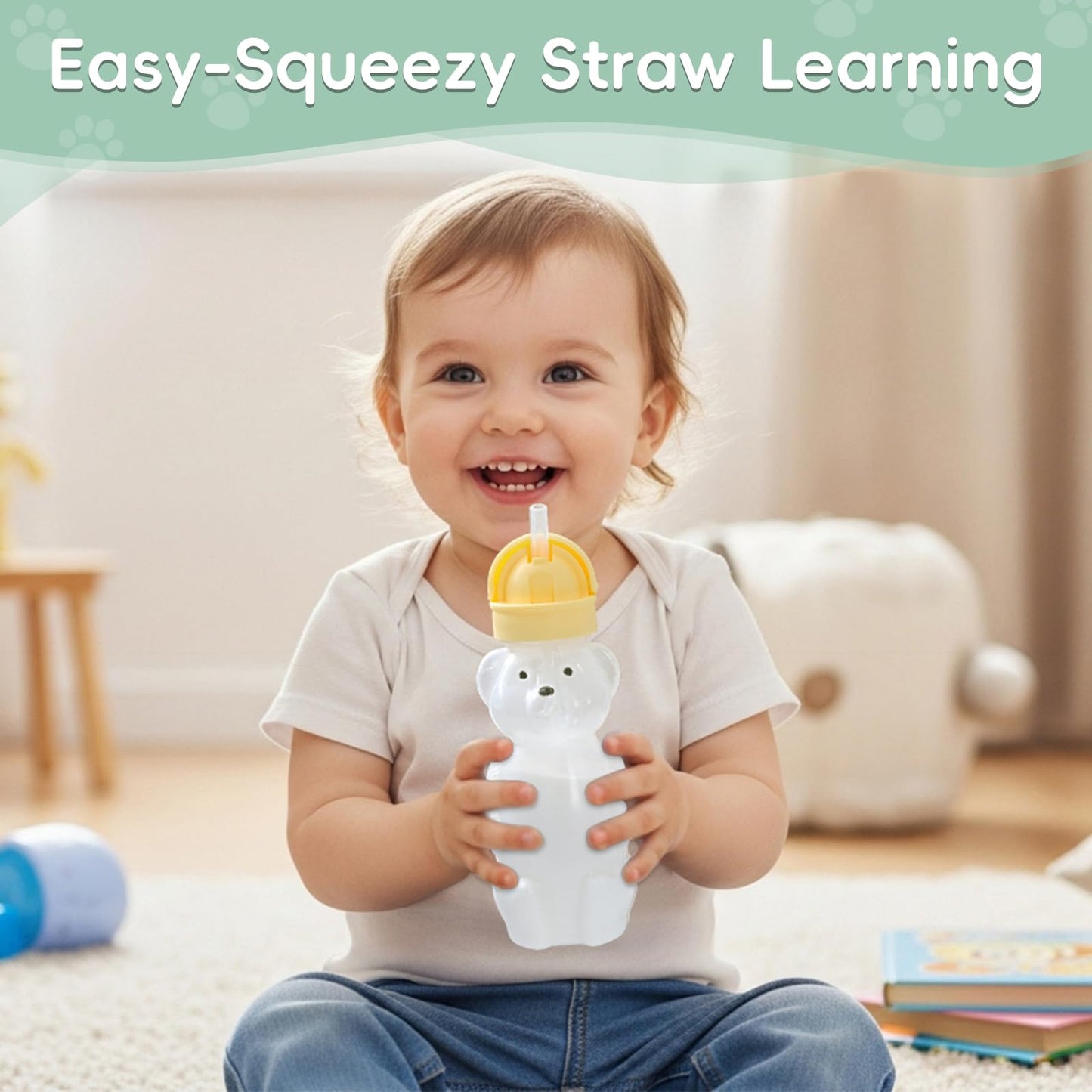 Upgraded 2 Pack Honey Bear Straw Cups for Baby, Toddler - Flip Top, Spill-Proof & Anti-pullout & Pop-up Straw Design - 8 OZ Squeezable Transition Sippy Cup for Speech & Feeding Training, Yellow&Green