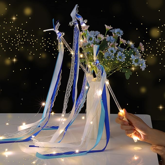 100 Pcs Wedding Wands Ribbon with 3 Colorful Flashing Modes, Light up LED Silk Fairy Wands, Glow Lace Stick with Bells for Wedding Reception, Graduation, New Year, Birthday Party (Blue)