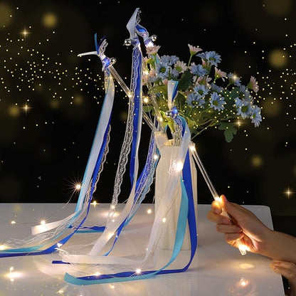 100 Pcs Wedding Wands Ribbon with 3 Colorful Flashing Modes, Light up LED Silk Fairy Wands, Glow Lace Stick with Bells for Wedding Reception, Graduation, New Year, Birthday Party (Blue)