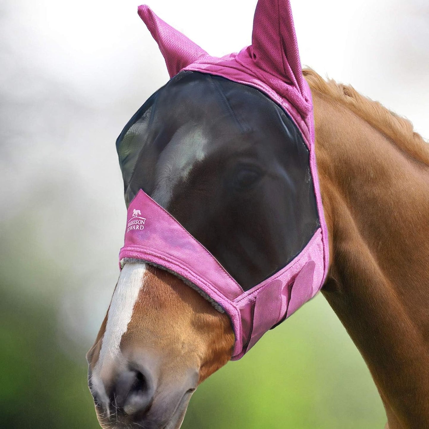 Harrison Howard CareMaster Pro Luminous Horse Fly Mask Large Eye Space Standard with Ears UV Protection for Horse Light Pink XL Extra Full